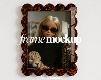 Tortoiseshell Scalloped Frame Mockup, Wavy Brown Picture Frame Mockup, Editorial PSD Mockup, Smart Object, Poster Mockup