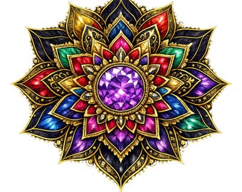 Amethyst Mandala Clipart: Jewel Tone Petals, Gold Filigree (Digital Download)