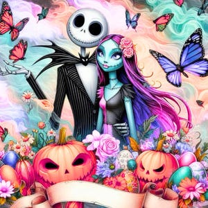 May include: A digital illustration featuring a skeletal figure in a black pinstripe suit and a blue-skinned figure with long purple hair, surrounded by colorful butterflies, pink roses, two carved jack-o'-lanterns, and a blank beige banner.