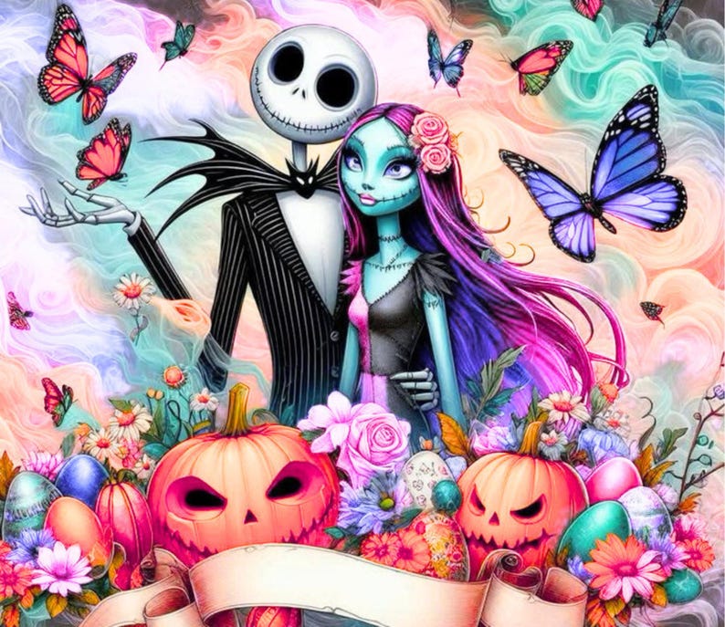 May include: A digital illustration featuring a skeletal figure in a black pinstripe suit and a blue-skinned figure with long purple hair, surrounded by colorful butterflies, pink roses, two carved jack-o'-lanterns, and a blank beige banner.