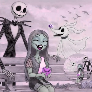 May include: A digital illustration featuring a tall, thin skeleton character in a pinstripe suit, a female character with stitched skin and long hair, and a ghost dog with a small pumpkin on its nose, all sitting on a wooden bench.
