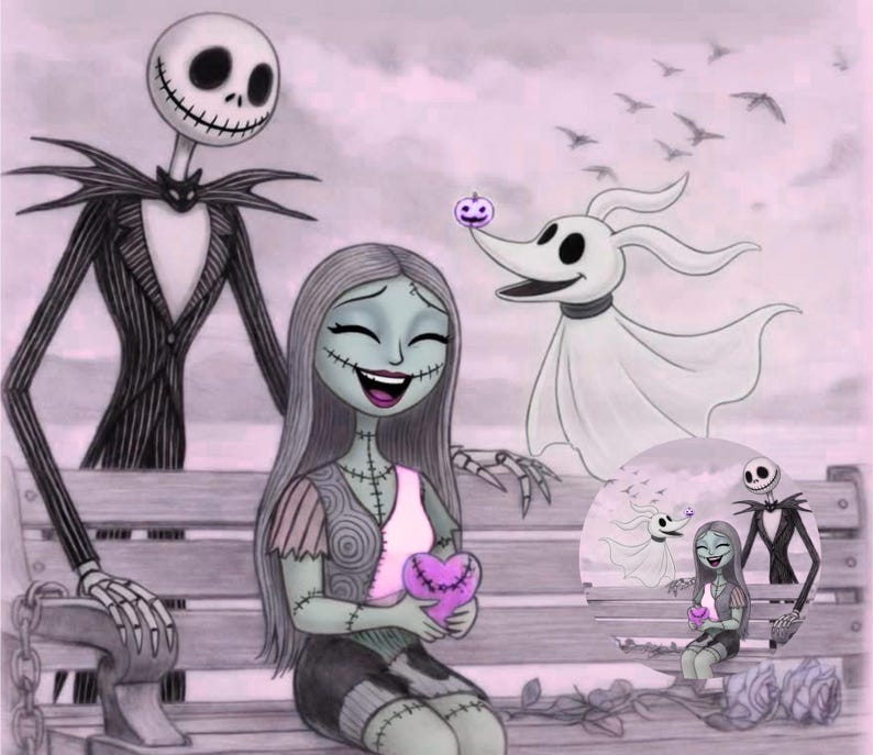 May include: A digital illustration featuring a tall, thin skeleton character in a pinstripe suit, a female character with stitched skin and long hair, and a ghost dog with a small pumpkin on its nose, all sitting on a wooden bench.