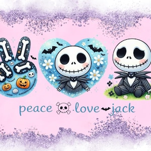May include: A graphic design on a light pink background featuring a peace sign made of bones, a heart containing a character with a stitched mouth, and a seated character with a stitched mouth. The text reads peace, love, and jack with a skull icon.