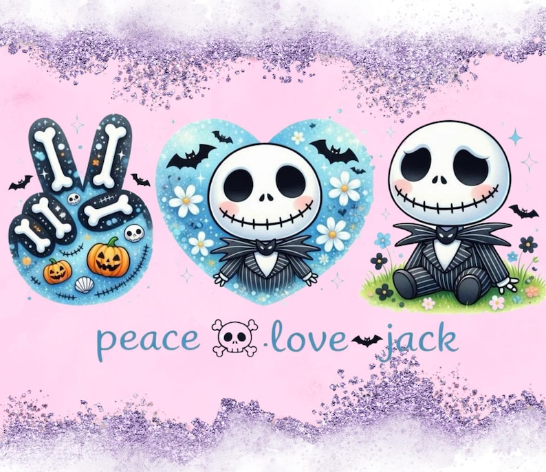 May include: A graphic design on a light pink background featuring a peace sign made of bones, a heart containing a character with a stitched mouth, and a seated character with a stitched mouth. The text reads peace, love, and jack with a skull icon.