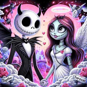 May include: A digital illustration of two characters holding hands against a large pink heart. The left character has a white skull head with horns and a black pinstripe suit. The right character has long pink hair, white wings, and a white dress.