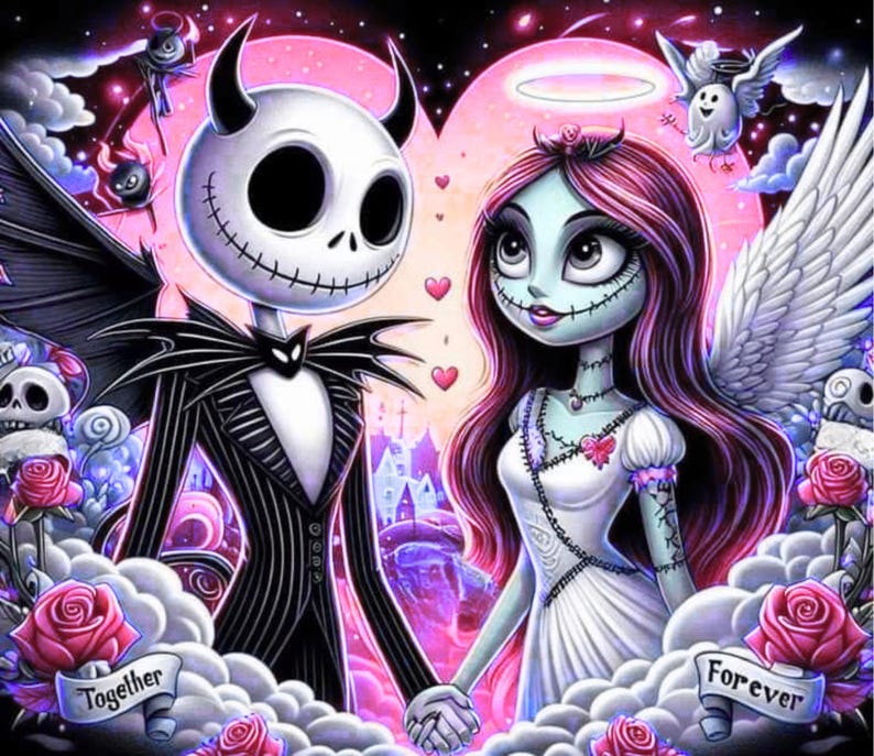 May include: A digital illustration of two characters holding hands against a large pink heart. The left character has a white skull head with horns and a black pinstripe suit. The right character has long pink hair, white wings, and a white dress.