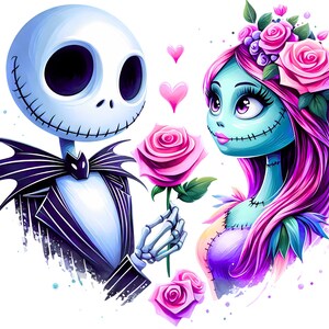 May include: A stylized illustration of a skeletal figure in a black pinstripe suit offering a pink rose to a blue-skinned character with long pink hair, a floral headpiece, and stitched facial features, accented by floating pink hearts.