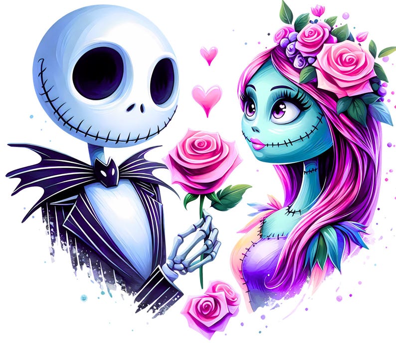 May include: A stylized illustration of a skeletal figure in a black pinstripe suit offering a pink rose to a blue-skinned character with long pink hair, a floral headpiece, and stitched facial features, accented by floating pink hearts.
