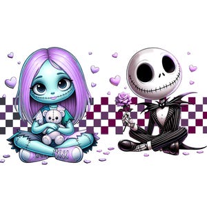 May include: A cartoon illustration of a light blue character with purple hair holding a small white teddy bear, sitting next to a skeletal character in a black pinstripe suit holding a purple rose, with purple hearts and a checkered background.