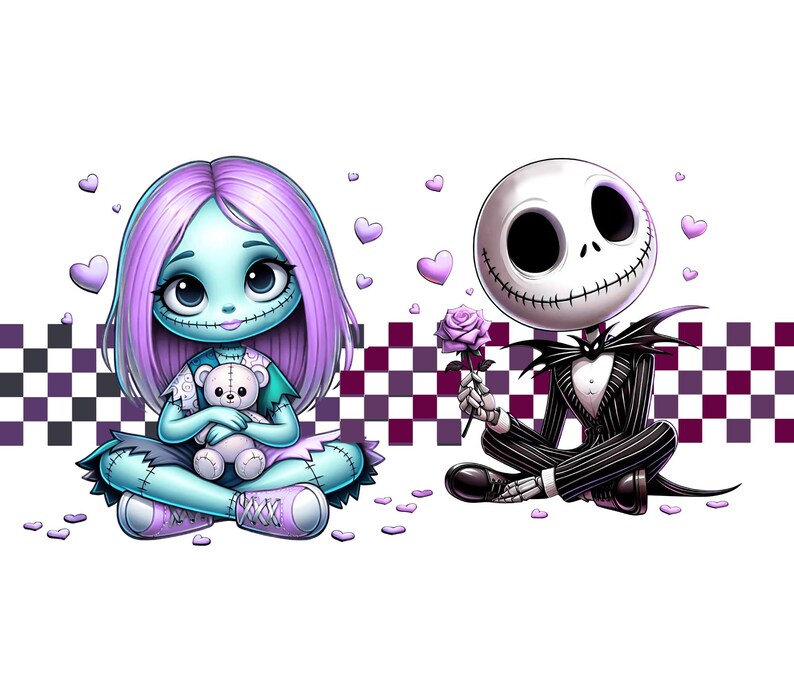 May include: A cartoon illustration of a light blue character with purple hair holding a small white teddy bear, sitting next to a skeletal character in a black pinstripe suit holding a purple rose, with purple hearts and a checkered background.