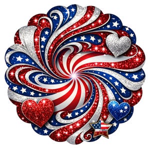May include: A patriotic design featuring a swirling pattern of red, white, and blue with glitter accents. The design includes stars, hearts, and a star-shaped emblem with the American flag. The overall theme is festive and celebratory.