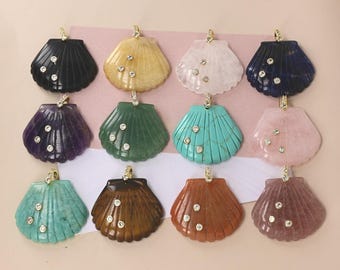 36x40mm Scallop Sea Shell Quartz Stone Pendant, Natural Gemstone Carved Shell Pendants, Beach Jewelry Supply Necklace Accessories