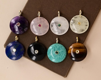 Round Natural Stone inlaid zircon Pendants, 18K Gold Plated Gemstone Charm, Amazonite/Amethys/Tiger Eye Jewelry