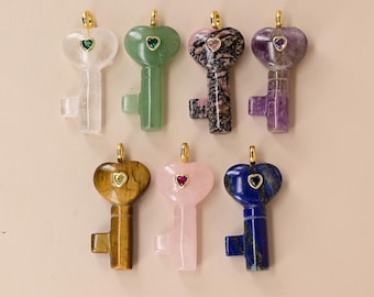 Carved Gemstone Heart Key Pendants With Inlaid Heart Zircon Crystal CZ Charms Reiki Quartz Necklace
