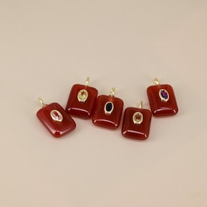Rectangular Red Agate Natural Stone Charm Inset Oval Zircon, Dainty Geometry Pendant, DIY Jewelry Supply