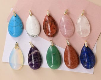 Gemstone Water Drop Gemstone Pendants, Teardrop Charms, Gold-Plated Zircon Stone Charms for Jewelry Making