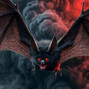 Op de afbeelding: Een digitale illustratie van een zwarte vleermuis met rode ogen en een open mond, met wijd gespreide vleugels. De vleermuis staat tegen een achtergrond van donkere, wervelende rook met rode accenten, wat een dramatische en spookachtige scène creëert.