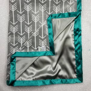 Minky Blanket, baby boy, teal and grey, green and silver, arrow blanket, satin blanket, silk blanket anchor, soft blanket baby gift, girl