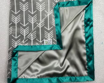 Minky Blanket, baby boy, teal and grey, green and silver, arrow blanket, satin blanket, silk blanket anchor, soft blanket baby gift, girl