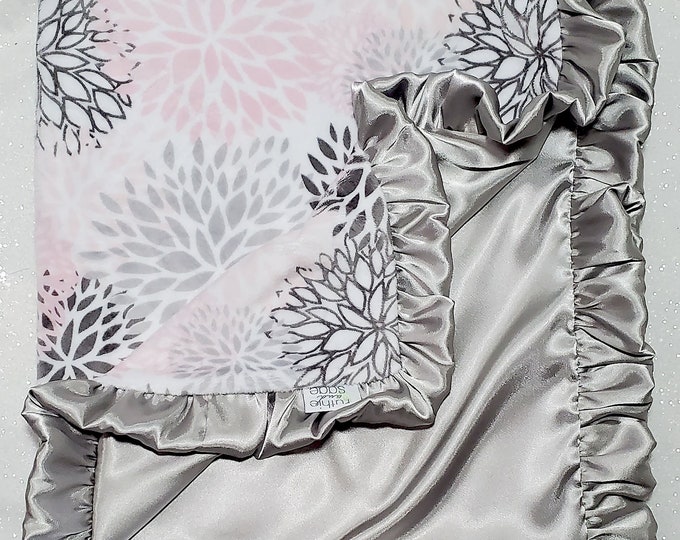 Minky Blanket, custom baby blanket, baby girl gift, floral, flowers, ruffle blanket, satin blanket, silk blanket, pink and grey, blush