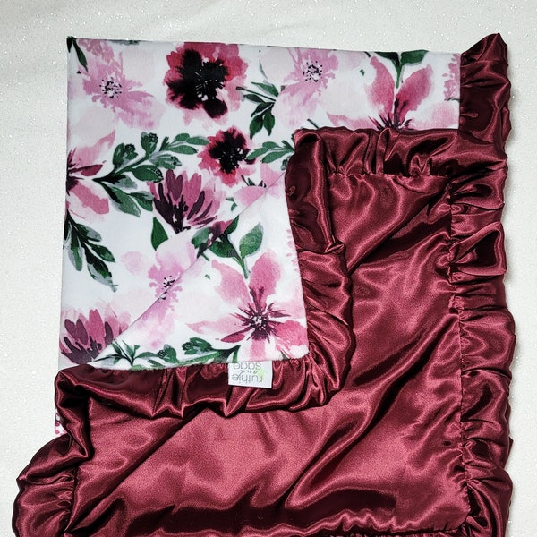 Minky Blanket, baby girl blanket, floral minky, maroon blanket, spring flowers blanket, satin, gift for grandma, ruffle blanket, rosewood