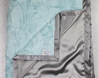 Minky Blanket, aqua blanket, baby girl satin blanket, silk blanket, minky and satin baby blanket, frozen aqua blanket, luxe hide seaglass