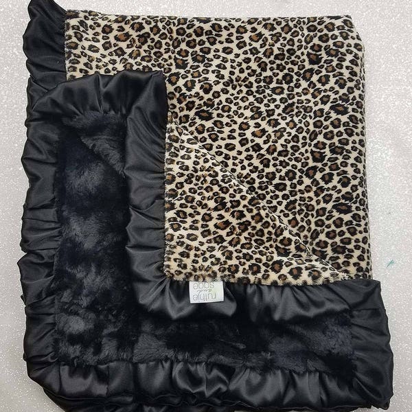 Minky Blanket, Arctic Snow Leopard print, cheetah minky, black and tan, ruffle blanket, Faux fur blanket, animal print, warm tones, fluffy