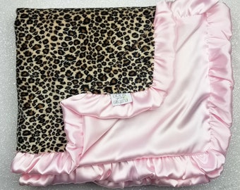 Minky Blanket, Adult minky, baby girl gift, pink satin, ruffle blanket, silky, minky and satin pink blanket, cheetah minky, animal print