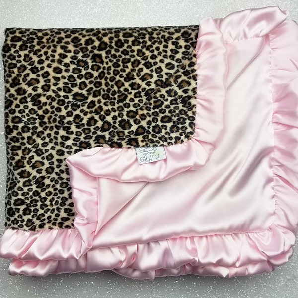 Minky Blanket, Adult minky, baby girl gift, pink satin, ruffle blanket, silky, minky and satin pink blanket, cheetah minky, animal print