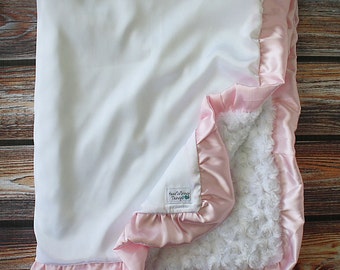 Minky Blanket, silk blanket, minky and satin, baby blanket, baby girl minky, white blanket, silky blanket, white and baby pink blanket