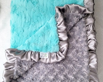 Minky Blanket, baby girl, blanket for girl, aqua and grey, grey and aqua blue, soft blanket, Lattice Print Ruffle Blanket, aqua and silver