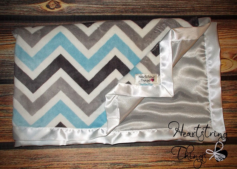 Baby Blanket Blue Blanket Chevron Minky Satin Blanket Grey Etsy
