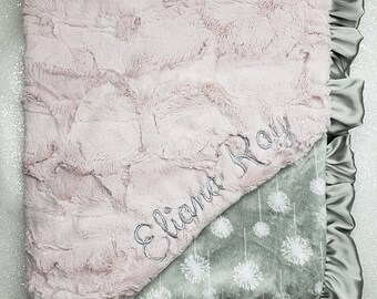 Embroidered Minky Blanket, Blanket with name, Personalized Blanket, Baby Gift, Pink and Silver, Vintage Pink, grey and pink, luxe rosewater