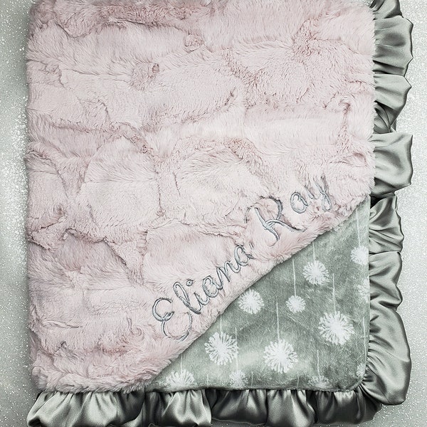 Embroidered Minky Blanket, Blanket with name, Personalized Blanket, Baby Gift, Pink and Silver, Vintage Pink, grey and pink, luxe rosewater