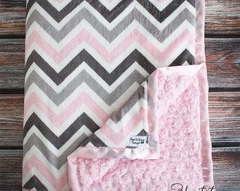 Minky Blanket, Large Blanket, chevron blanket, pink grey and white, chevron minky, minky for baby, gift for child, baby gift