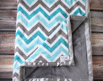 Ready to Ship! Mini size, Lovie, Woobie, Tagalong blanket, minky, chevron, silver, baby gift, sensory, shower, aqua, turgouise, 15x18