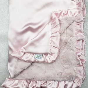 Minky Blanket, pink blanket, gift for baby, silk blanket, minky and satin, baby blanket, baby girl, ruffle, rosewater hide, antique pink