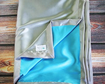 Ready to Ship Mini Size! Lovie, Woobie, all satin, tagalong, comfort, soft, sensory, gray, grey,turquoise, aqua, silver, smooth, 15X18