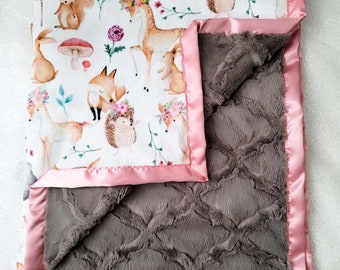 Minky blanket, baby girl blanket, baby gift, sweet darlings, primrose, Custom minky blanket, girl woodland, Modern, girl forest blanket