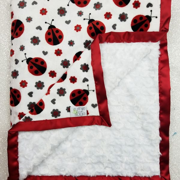 Minky blanket Baby blanket, soft blanket, Baby girl, ladybug blanket, red and grey, ruffle blanket, baby gift, elegant blanket, lady bug