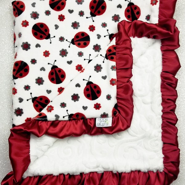 Minky blanket Baby blanket, soft blanket, Baby girl, ladybug blanket, red and white, ruffle blanket, baby gift, elegant blanket, lady bug