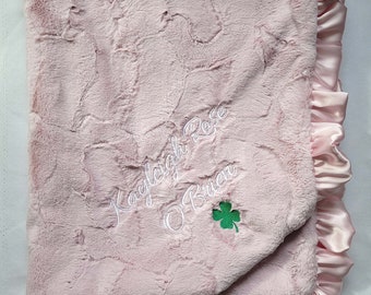 Embroidered Minky Blanket, gift for irish baby, gift for baby, custom gift, baby girl, four leaf clover, personalized blanket, Pink blanket