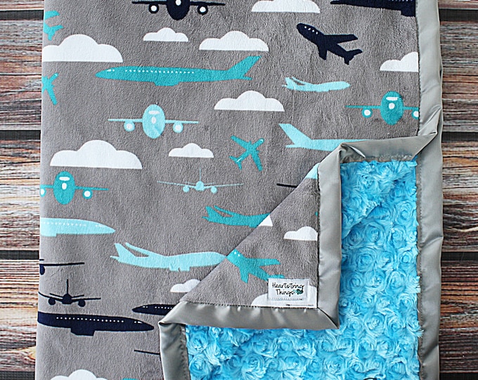 READY TO SHIP: Toddler Minky Blanket 36x45 , gift for boy, blue baby blanket, quick baby gift, blue blanket, baby gift, aviator, airplane