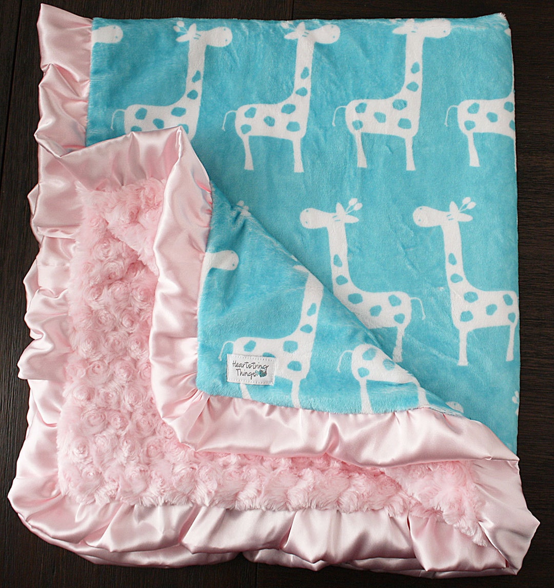 Minky Blanket Giraffe Blanket Aqua and Pink Ruffle Blanket Etsy