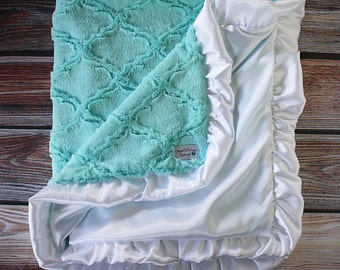 Minky Blanket, aqua blanket, blanket with ruffle, silk blanket, minky and satin, baby blanket, baby girl aqua and white lattice design minky