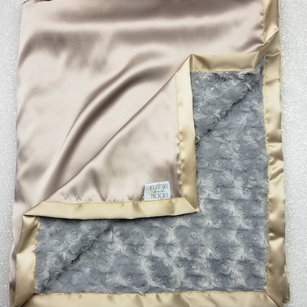 Minky Blanket, Baby Boy, Unisex Baby blanket, Gold Grey, Satin Blanket, Silk Blanket, Plush Minky, Rose minky, Silver and Gold, Tan and grey