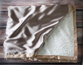 Minky Blanket, adult blanket, tan and maroon, grandmother gift, rose blanket, Minky and satin blanket, custom blanket
