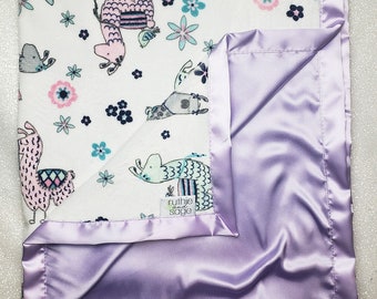 Couverture Minky, couverture bébé personnalisée, cadeau bébé fille, couverture lama, soie lavande, couverture à volants, couverture en satin, couverture en soie, violet, blush