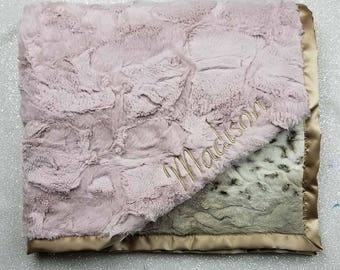 Embroidered Minky Blanket, Blanket with name, Personalized Blanket Baby Gift, Pink and Gold Vintage Pink, arctic animal print luxe rosewater