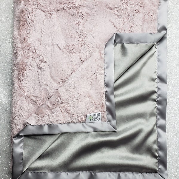 Minky Blanket, pink blanket, gift for baby, silk blanket, minky and satin, baby blanket, baby girl, ruffle, pink and grey rosewater hide